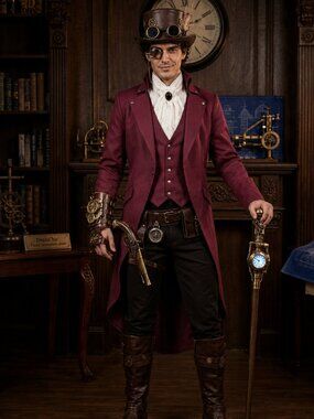 Mens 4XL Gothic Steampunk Tailcoat Burgundy Victorian Cosplay Jacket 52" Chest
